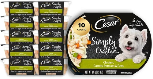 Cesar Simply Crafted - Adornos de comida húmeda para perros adultos para comida seca, pollo, zanahorias, patatas y guisantes, envases de 1.3 oz, 10