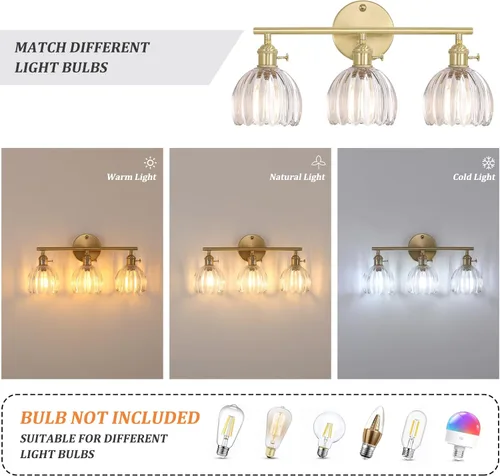 Miniatura 4 de Shenmoyl Accesorios de Iluminación para Baño, Lámpara de Pared de Latón de 3 Luces para Tocador Sobre Espejo con Pantalla de Cristal Tulipán Base