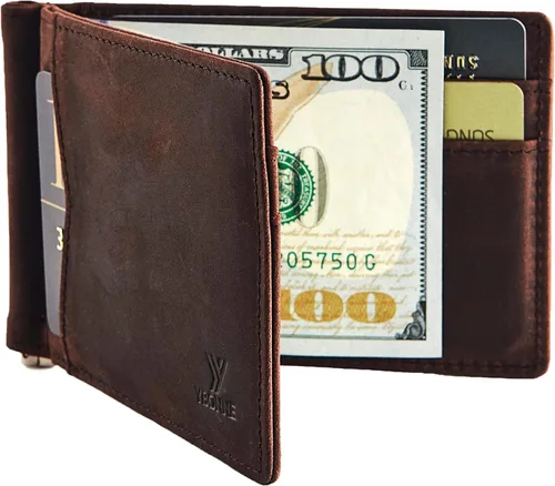 YBONNE - Cartera fina con clip para dinero, de cuero auténtico, bloqueo RFID, minimalista