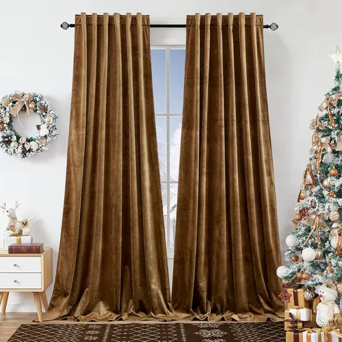 Dchola Cortinas de Terciopelo Marrón Dorado para Ventana de Dormitorio con Pestaña Trasera, Cortinas Pesadas de Lujo Vintage Súper Suaves, Cortinas
