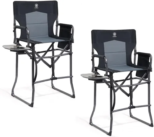 Miniatura 14 de EVER ADVANCED Silla alta de textileno para campamento, silla de directores de malla, taburete de bar plegable alto con mesa auxiliar para Malla Negra