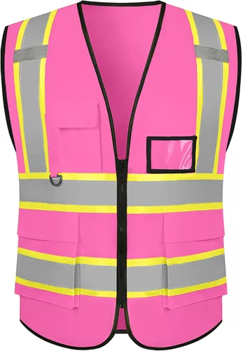 Miniatura 40 de Chaleco de seguridad personalizable con logotipo con 5 bolsillos y cremallera reflectante de alta visibilidad clase 2 ropa de trabajo al aire libre