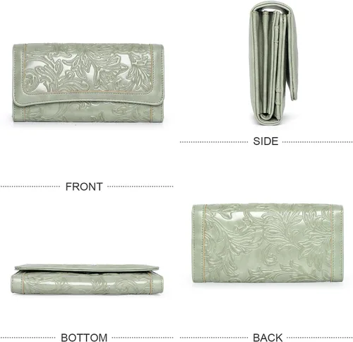 Miniatura 62 de MEITRUE Cartera de cuero para mujer, con bloqueo RFID, triple pliegue, con relieve, soporte para tarjetas, organizador de chequera para teléfono