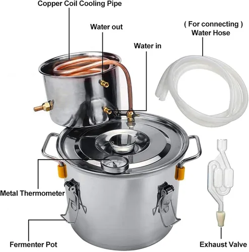 Miniatura 2 de Destilador de acero inoxidable con condensador de tubo de cobre, kit de preparación casera con termómetro, para bricolaje, 6 l/1.5 galones