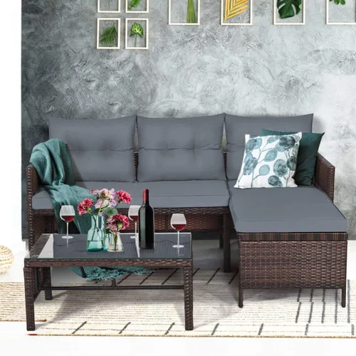 Miniatura 4 de COSTWAY Juego de muebles de patio de 3 piezas, sofá seccional de mimbre para exteriores con cojines y mesa de centro de vidrio templado para Gery
