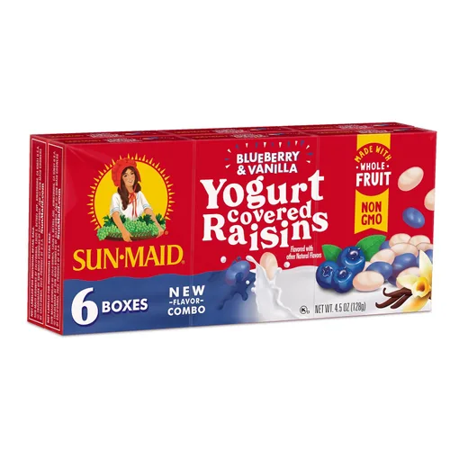 Sun-Maid - Pasas cubiertas de yogur de arándano y vainilla (caja de 6 unidades de 0.75 oz tamaño snack) - Fruta seca cubierta de yogur para