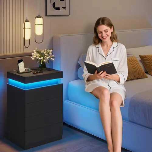 Miniatura 7 de ADORNEVE - Mesita de noche negra con cajones y luces LED, mesita alta con parte superior deslizable, mesa de cabecera con estación de carga, mesa
