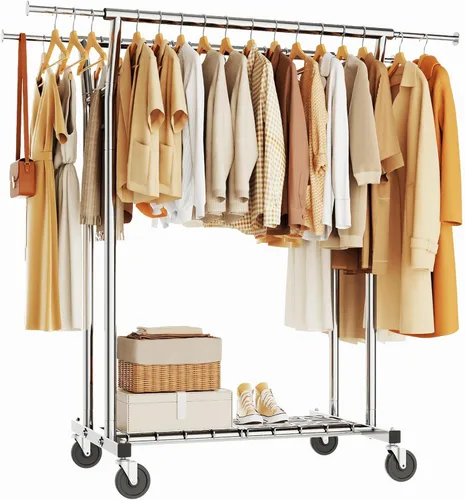 HYSEYY Perchero de ropa resistente, perchero con ruedas para colgar ropa con estantes, carga de 700 libras, armario portátil con ruedas para