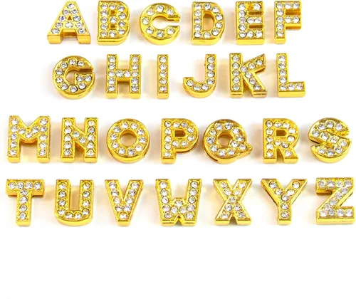 AUEAR, paquete de 26 dijes de letras del alfabeto de 8 mm con diamantes de imitación completos, cristal, color dorado, para pulseras, collares,