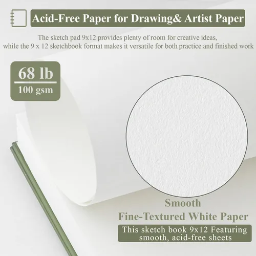 Miniatura 3 de SuFly - Cuaderno de bocetos para dibujo, 9.0 x 12.0 in, 100 hojas (3.53 oz/m²), encuadernado en espiral, sin ácido, con tapa dura para lápiz de Verde