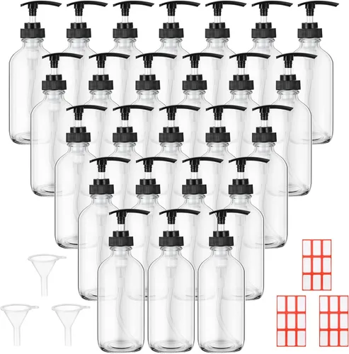 Miniatura 8 de Tanlade 24 botellas de bomba de vidrio de 8 onzas, botella vacía, dispensador de jabón de vidrio con bomba, recipientes recargables y embudos