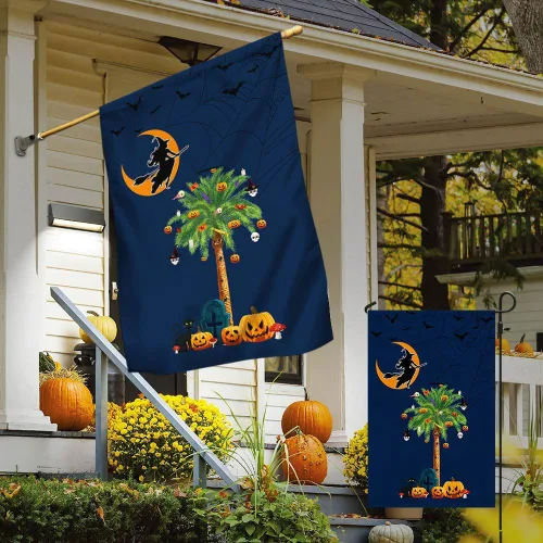 Miniatura 3 de Bandera de brujería de Halloween de Carolina del Sur, calabazas, palmeras, Carolina del Sur, bandera de jardín de Halloween