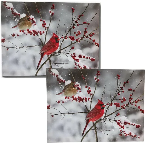 Miniatura 6 de BANBERRY DESIGNS Impresión en lienzo de cardenales iluminados en la nieve, imagen LED con pareja cardenal y bayas navideñas, mide 11.75 x 15.75