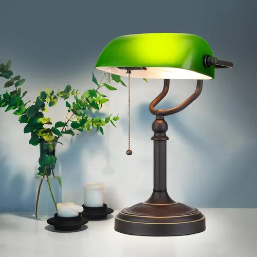 Miniatura 7 de Lámpara de escritorio de banqueros de vidrio verde antiguo con interruptor de cadena de tracción Enchufe en accesorio Interruptor de cadena
