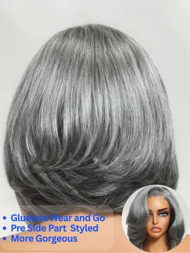 Miniatura 9 de Nadula - Peluca corta de 20 cm con cabello humano gris sal y pimienta, sin pegamento, con separación lateral, capas enmarcadas para el rostro