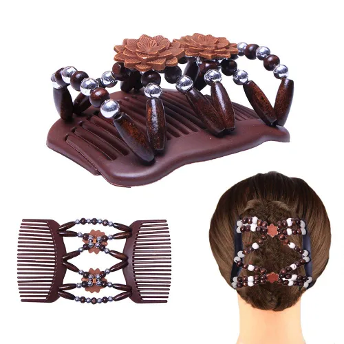 Miniatura 8 de LOVEF Peine de madera profesional para mujer, cuentas mágicas elásticas, clip de cuerda de cuerda de doble elástico, accesorios para peines-6 piezas