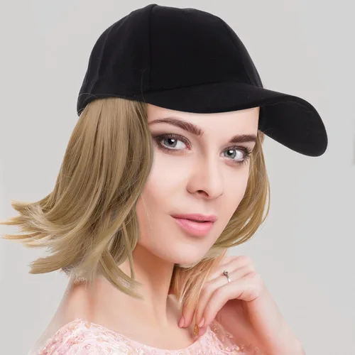 Miniatura 7 de Lurrose Gorra de béisbol con extensiones de cabello, peluca corta y recta, peluca sintética adjunta, peluca de fijación rápida para mujer, Amarillo