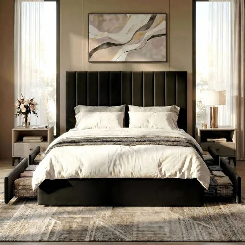 Miniatura 3 de SHA CERLIN Base de cama de plataforma tamaño matrimonial con 4 cajones de almacenamiento, cabecera acolchada vertical con diseño acanalado