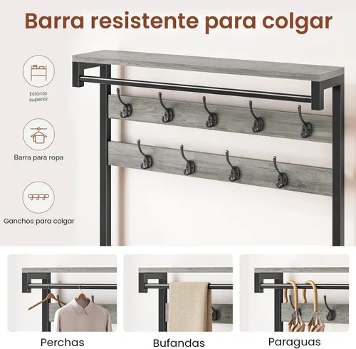 Miniatura 8 de Itaar Perchero, árbol de pasillo con banco y almacenamiento de zapatos, banco de entrada 7 en 1 con cojín suave, bolsa de almacenamiento, 3 cajones