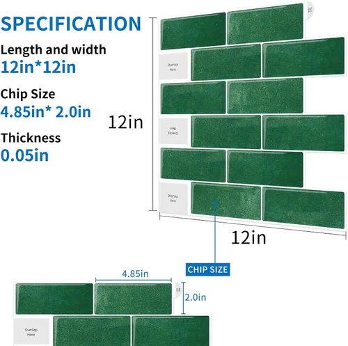 Miniatura 5 de Azulejos de metro verde pavo real de 10 hojas para despegar y pegar, azulejos autoadhesivos 3D para cocina, baño, azulejos de mosaico adhesivo de 12