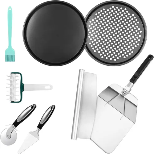 Kit para hacer pizza, juego de sartén para pizza con cáscara de pizza de 12 pulgadas, sartén para pizza de 12 pulgadas, cortador de pizza de 11