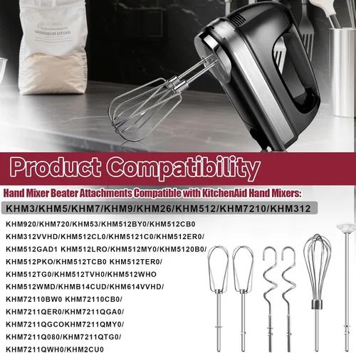 Miniatura 4 de Accesorios de batidor para batidora de mano para Kitchenaid, batidor, ganchos para amasar y varilla para mezclar líquidos, accesorios de acero