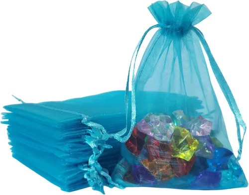 Bolsas de regalo de organza de 4 x 6 pulgadas con cordón para joyas, dulces, paquetes de 50 bolsas de té de tela transparente azul aguamarina para
