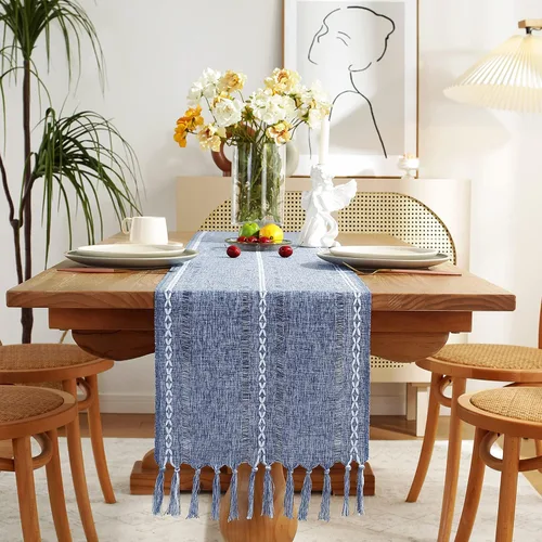 Miniatura 23 de Camino de mesa de lino estilo granja rústica, bohemio hecho a mano con flecos trenzado a rayas, caminos de mesa de 48 pulgadas de largo