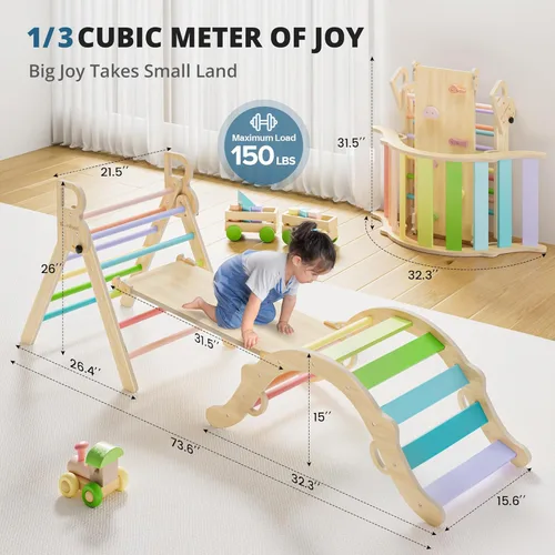 Miniatura 2 de BlueWood Conjunto de Triángulo Pikler, Juguetes de Escalada de Madera para Niños Pequeños para Interiores, Escalador Plegable 7 en 1 para Niños