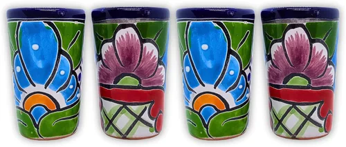 Miniatura 6 de Juego de 4 vasos de chupito Talavera - Pintados a mano - 2 Oz (azul con verde)