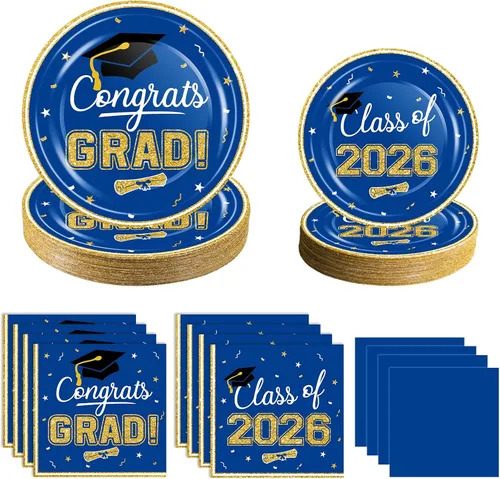 Juego de vajilla de suministros para fiesta de graduación 2026, 100 platos y servilletas de graduación de oro azul para clase de 2026, vajilla