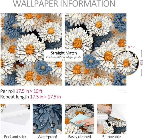Miniatura 8 de ReWallpaper Papel tapiz floral grande para despegar y pegar, papel tapiz vintage de margaritas azules y blancas para habitación de niñas, pintura al