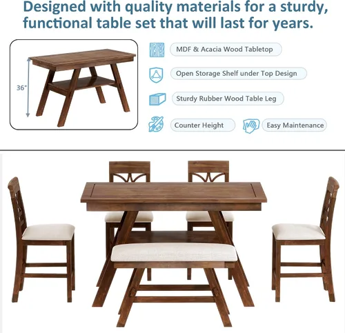 Miniatura 4 de SOFTSEA Juego de mesa de comedor de estilo rústico de 6 piezas para 6, mesa de cocina de madera con banco y 4 sillas tapizadas, juego de mesa