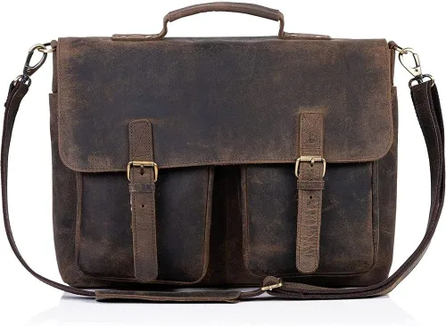 Miniatura 6 de KomalC 16 Inch Leather briefcase Laptop Messenger Bags for Men and Women Best Office Satchel Bag desgastado bronceado