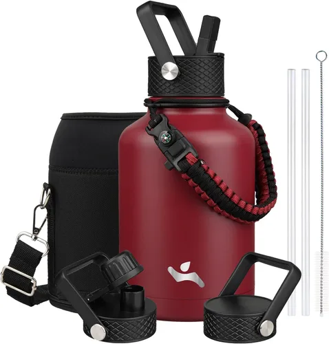 Miniatura 66 de Konokyo - Botella de agua aislada de 18 onzas, botellas deportivas de acero inoxidable con 3 tapas, verde militar
