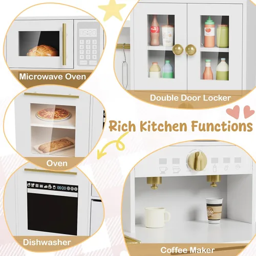 Miniatura 4 de MAMIZO Cocina de juego para niños, cocina de juguete de simulación de madera, juego de cocina Toodler, estufa con luz y sonido, fregadero, Blanco