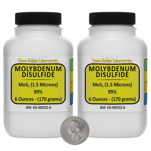 Disulfuro de molibdeno [MoS2] 99% grado AR polvo 12 onzas en dos botellas ahorradoras de espacio