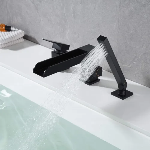 Miniatura 4 de Wowkk Grifos de bañera de cascada para bañera romana de montaje en cubierta, grifos de bañera de montaje en cubierta negros, grifos de bañera
