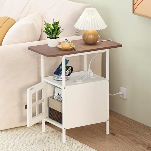 Miniatura 10 de Mesa Auxiliar Estrecha Estilo Granja con Estación de Carga - Mesa Lateral de 3 Niveles con USB y Enchufes, Mesa de Noche Compacta de Almacenamiento