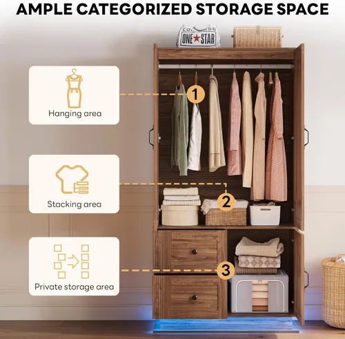 Miniatura 5 de LIKIMIO Armario de granja con puertas, armario de dormitorio de 70 pulgadas con luces LED y barra para colgar, armario grande de madera con 2 Nogal