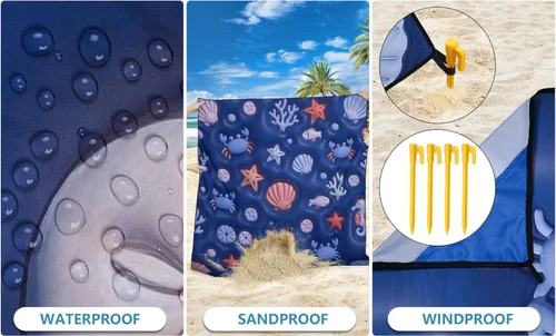 Miniatura 3 de WIWIGO Manta de playa impermeable a prueba de arena tapete de playa 79" X 83"/10'x9' para 2-8 adultos, de secado rápido, tapete de picnic al aire