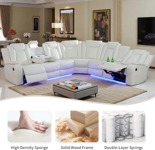 Miniatura 5 de Juegos de Muebles para Sala de Estar, Juego de Sofá Reclinable Eléctrico, Cuero Blanco Vainilla, Seccional de 2 Reclinables con Luz LED