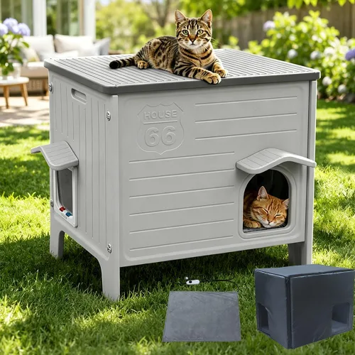 Miniatura 12 de Rockever Casa impermeable para gatos al aire libre, casa aislada para gatos al aire libre con alfombrilla suave, casa elevada para gatos al aire