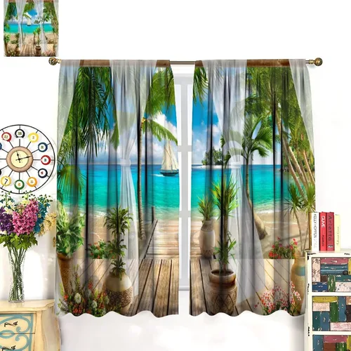 Miniatura 3 de Cortinas de paisaje, ventana tropical con vista al mar, océano, playa, barco, cortinas con estampado de palmeras para dormitorio, sala de estar, Mar