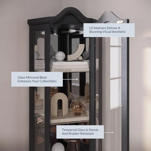 Miniatura 4 de BELLEZE Gabinete Curio iluminado de vidrio de 3 lados con puertas y estantes de vidrio templado, gabinete esquinero de madera curva con bombilla