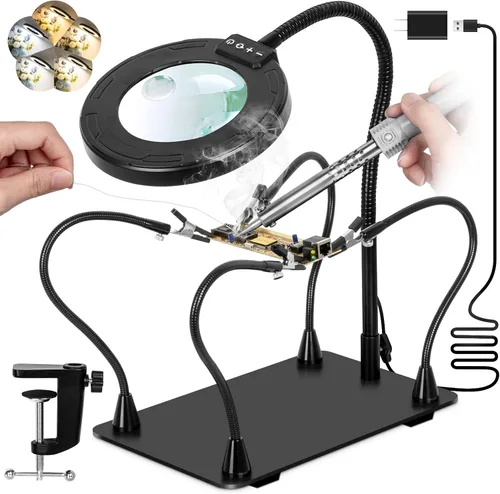 Miniatura 10 de Lupa con luz y soporte, lámpara de escritorio con iluminación LED de 30 x 10 veces y abrazadera, color infinito regulable, lupa manos libres