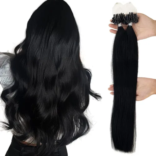 Miniatura 31 de Extensiones de cabello humano microlink de 16 pulgadas, extensiones de cabello natural suave de microcuentas, color #1 negro azabache, 100% cabello