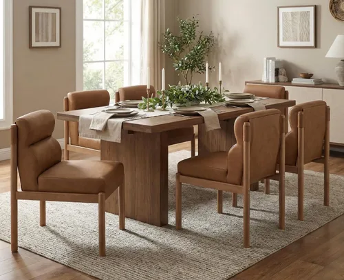 CIMOTA Juego de 6 sillas de comedor tapizadas modernas, de piel sintética, sillas laterales sin brazos Boucle con respaldo curvo/patas de madera