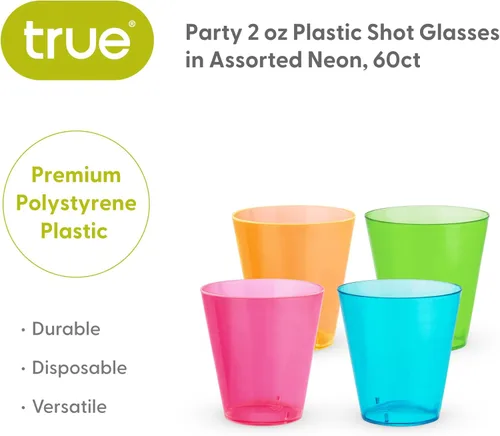 Miniatura 2 de True Vasos de chupito de plástico multicolor neón para fiestas, vasos desechables para beber al aire libre, colores surtidos, 2 onzas, juego de 60