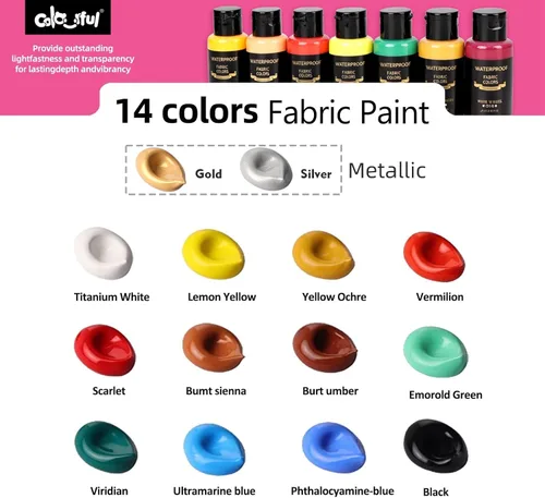 Miniatura 2 de Colorful Pintura permanente para tela, 14 colores de pintura de tela suave en botellas (1.0 fl oz/1 oz) con pinceles, paleta, pintura textil